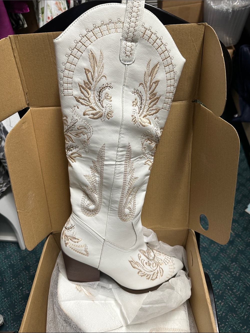 💐White Embroidered Western Knee-High Boot - Women's Fashion